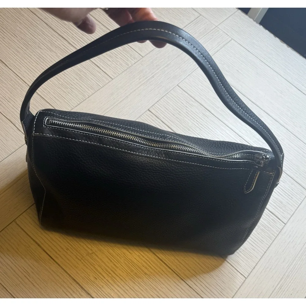 Cole Haan Black Pebble Leather Shoulder Bag‎ W/ Contrast Stitching, Zip Close.